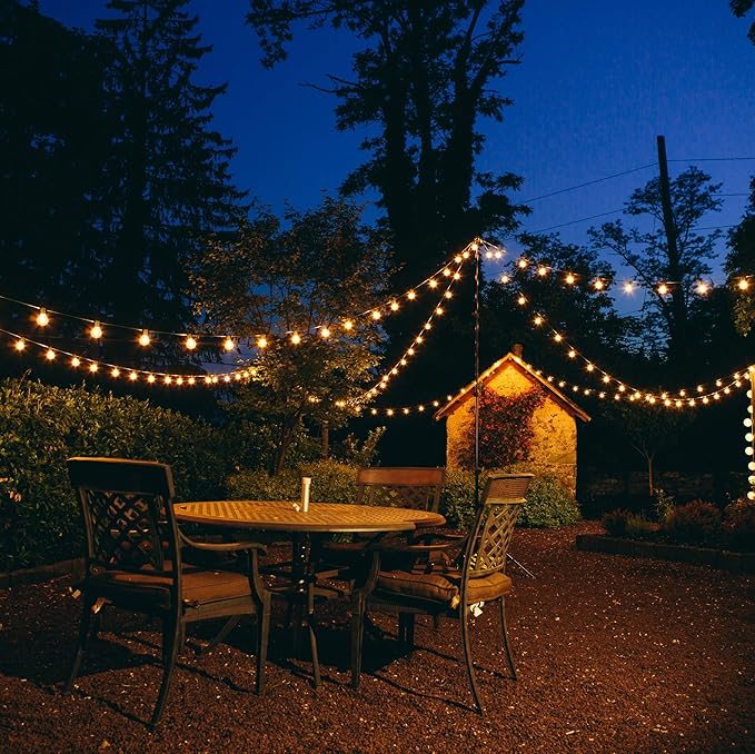 50 Foot Globe String Lights - Set of 50 G40 Clear Bulbs - Black Wire | (+ 2 Free Spares) for Patio Deck Gazebo Cafe and Party Lighting