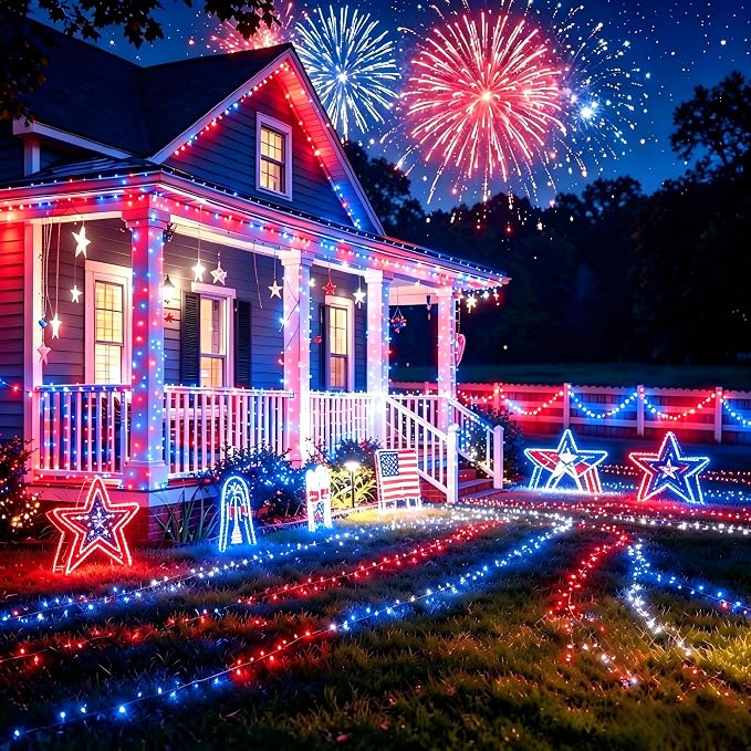 Joomer Red White Blue Solar Fairy Lights, 2 Pack 39FT 120LED String Light | 4th of July Memorial Day Decor, 8 Lighting Modes with Memory, Waterproof Outdoor Patriotic Lights for Independence Day Decor