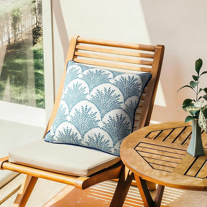Outdoor Pillow Covers 18x18 Inch, Water-Resistant Decorative Pillow Covers Pack of 2, Floral Throw Pillow Case for Patio Furniture Tent Garden, Blue Feathered Flower with Blue Edge, Cover ONLY