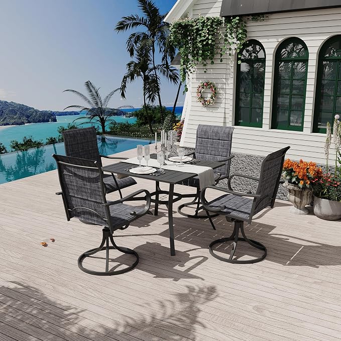 MELLCOM 37''x37'' Outdoor Dining Table for 4, Metal Patio Dining Table with 1.57'' Umbrella Hole and Adjustable Feet, All-Weather Black Square Table for Porch, Garden, Backyard, Poolside