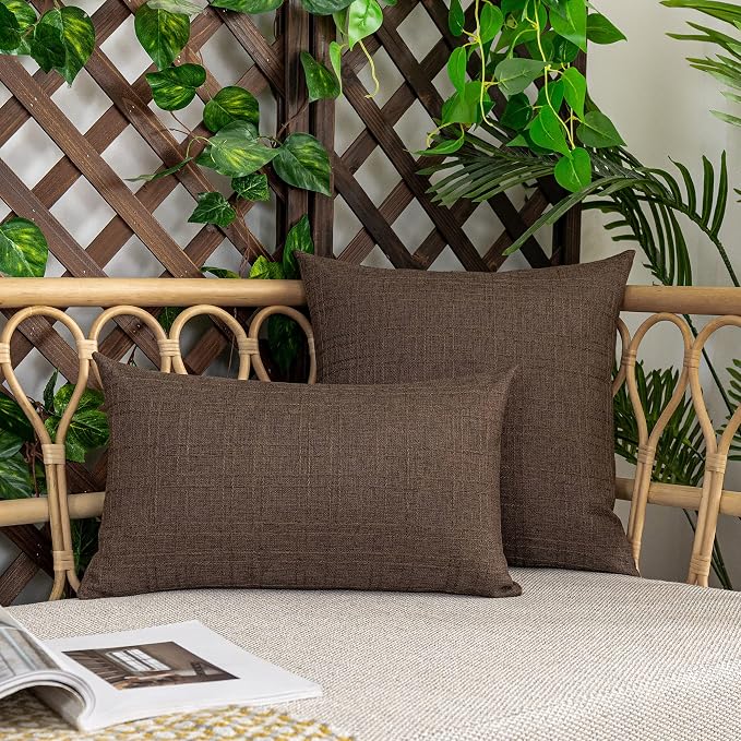 Kevin Textile Outdoor Waterproof 16”x16” Pillow Covers 2 Pack, Brown | Water Resistant, Soft Faux Linen-cotton Yarn-dyed Woven Texture Throw Pillow Covers for Tent Patio Garden Couch Sofa