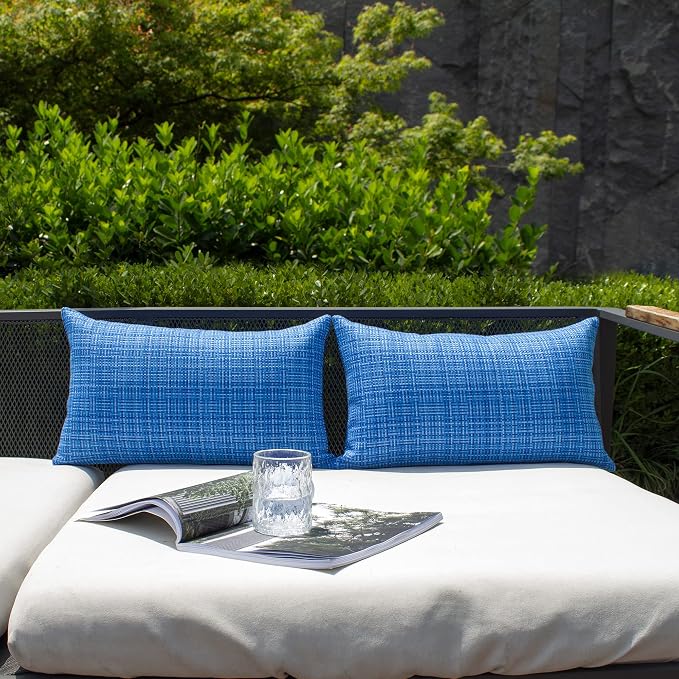 Kevin Textile Outdoor Waterproof 12"x24" Lumbar Pillow Covers 2 Pack, Blue | Water Resistant, Faux Linen Yarn-dyed, Woven Texture Throw Pillow Covers for Tent Patio Garden Couch Sofa