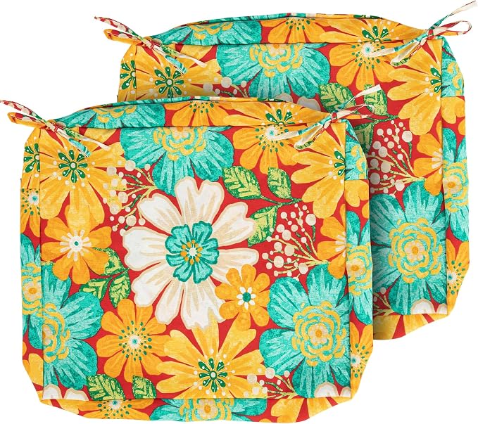 Magpie Fabrics Indoor Outdoor Cushion Cover Replacement 2 Pack, NO Insert! Water Repellent Slipcover with Ties Decor for Patio Garden Chair Sofa Bench Wicker(Embry Red Hibiscus, 24x24x4 Inch)