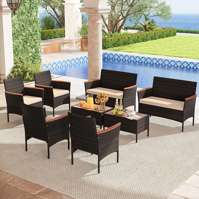 HAPPYGRILL 8 Pieces Outdoor Patio Rattan Furniture Set, Rattan Conversation Set with Chairs & Loveseat, Acacia Wood Tabletop & Armrest, Outdoor Cushion Sofa Set for Backyard Patio Poolside