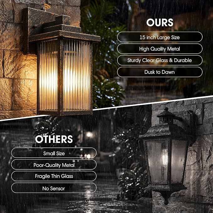 15-Inch Dusk to Dawn Outdoor Wall Light, Black Brush Gold All-Metal | Auto On at Dusk, Off at Dawn. Textured Glass Softens Glare. Waterproof Rust-Resistant Metal. Pre-Assembled DIY Install