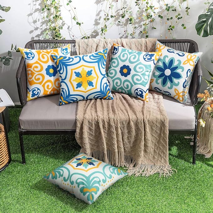 Pyonic Outdoor Waterproof Throw Pillow Covers Set of 4 Floral Printed and Boho Farmhouse Outdoor Pillow Covers for Patio Funiture Garden 20x20 Inch Blue