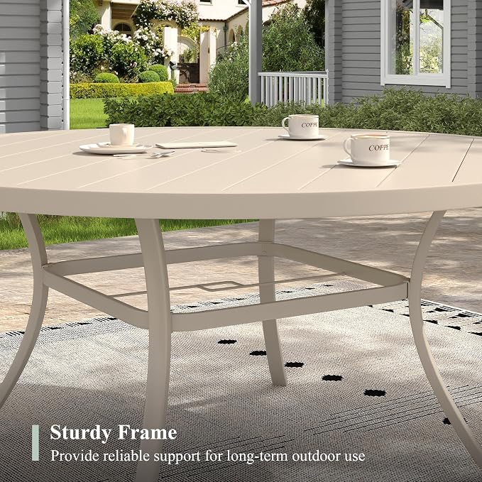 Outdoor Dining Table for 8, 53" Round Outdoor Table with Adjustable Umbrella Hole, All-Weather Metal Patio Dining Table for Lawn Garden Backyard Deck, Sandshell