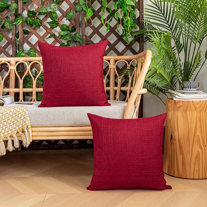 Kevin Textile Outdoor Waterproof 18”x18” Pillow Covers 2 Pack, Red | Water Resistant, Soft Faux Linen-cotton Yarn-dyed Woven Texture Throw Pillow Covers for Tent Patio Garden Couch Sofa