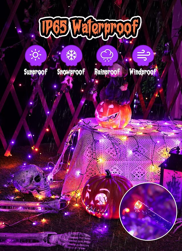 Minetom Halloween Solar Lights Outdoor,4Pack Total 160FT Halloweeen Light | 400 LED String Lights with 8 Lighting Modes,Black Wire Waterproof Solar String Lights for Outside Tree Party, Orange & Purple