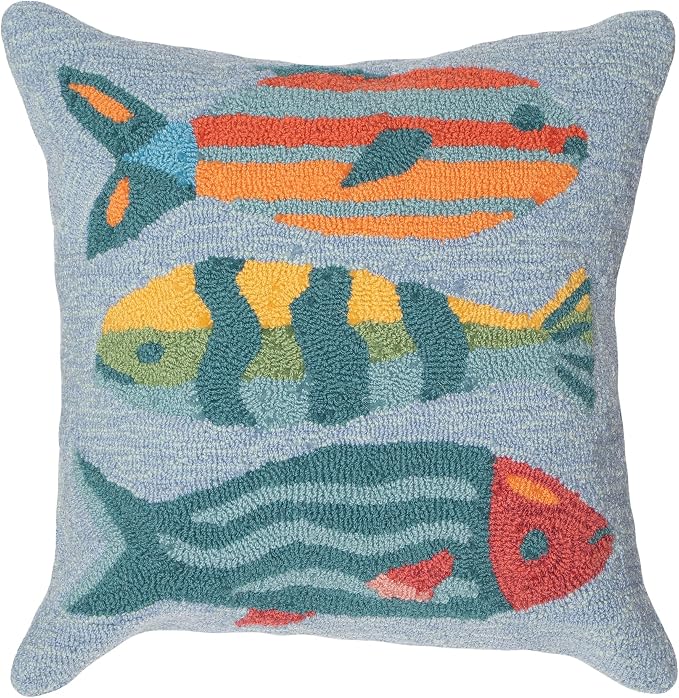 Liora Manne Lush Decor FRONTPORCH Indoor/Outdoor Handmade Pillow - Transitional Graphic Casual Animal Accent (Fishes Aqua) (18" x 18")