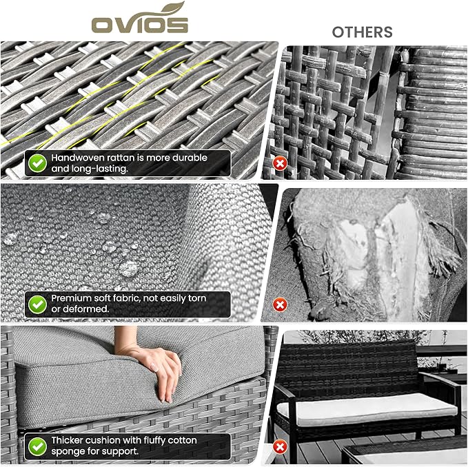 ovios 6 Pieces Patio Furniture Set, Outdoor Wicker Sofa Couch with Swivel Glider Chairs Comfy Cushions, Modern Deep Seat Rattan Conversation Sets for Deck Porch, Dark Grey