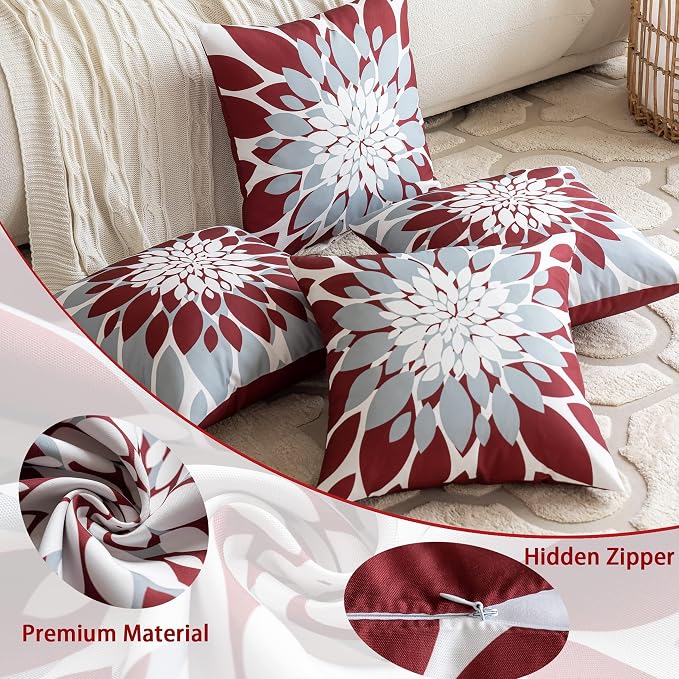 Pack of 4 Outdoor Waterproof Pillow Covers 18x18 Decorative Outdoor Throw Pillows Garden Square Cushion Cases for Patio Furniture, Couch, Tent Sunbrella, Bench, Burgundy Red Grey