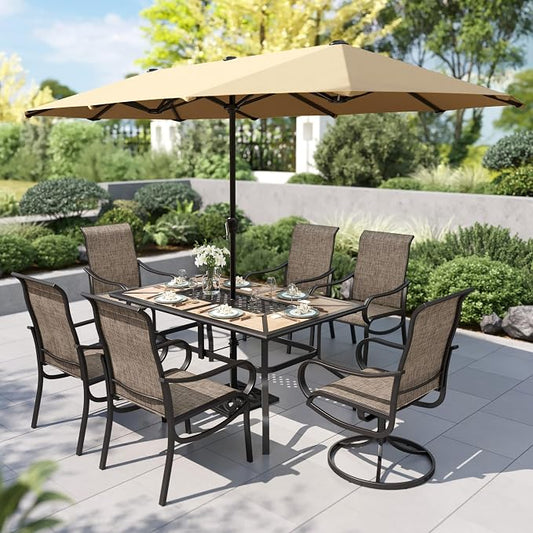 PHI VILLA 8 Pcs Outdoor Dining Set with 13ft Umbrella, Mesh Dining Chairs | 60'' wood-look rectangular table, 2 swivel & 4 fixed patio chairs and 13ft beige umbrella(NO BASE) for deck, garden, backyard
