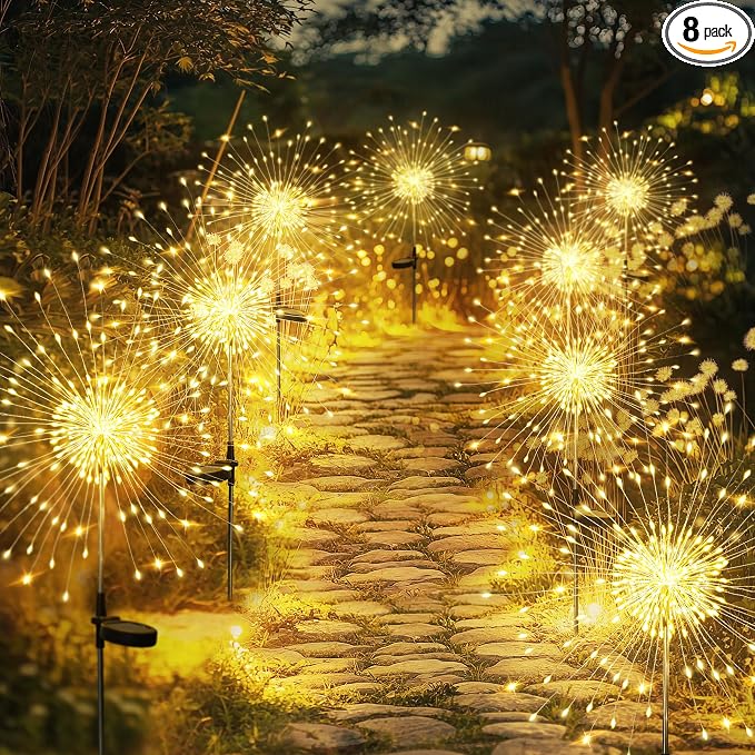 GIGALUMI 8 Pack Solar Firework Lights Outdoor, Garden Decor, Warm White | 120 LEDs, Fairy Design, Waterproof, Garden Decor, Solar Powered for Yard, Pathway, Flowerbed, Planter, Balcony, Gifts for Mom