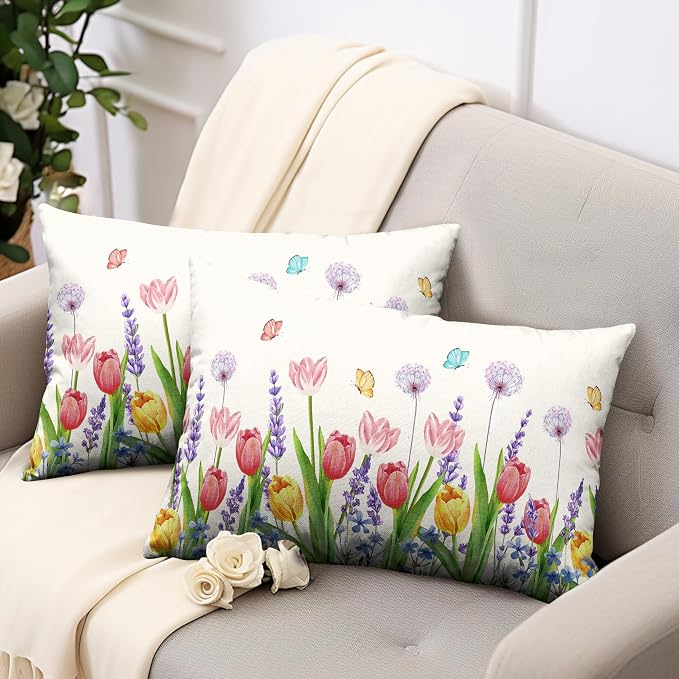 Spring Summer Floral Rectangle Pillow Case 12x20 Pink Tulip Lumbar Throw Pillow Covers Flowers with Butterflies Decorative Waist Pillowcase Set of 2 for Bed Couch Sofa