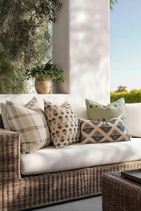 Modern Farmhouse California Casual Indoor Outdoor Lumbar Pillow Cover, 12"x20" Water Repellent for Patio, Backyard, Couch, Earth Tone Light Green Tan Block Print Vintage Hydrangea Flowers