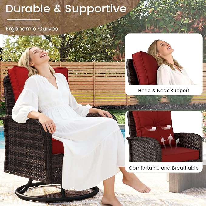 Kromax Outdoor Patio Furniture Set, All-Weather Wicker Swivel Glider Chairs Set of 2 with Coffee Table Table & Thick Machine Washable Cushions for Backyard, Garden, Porch, Brown/Red