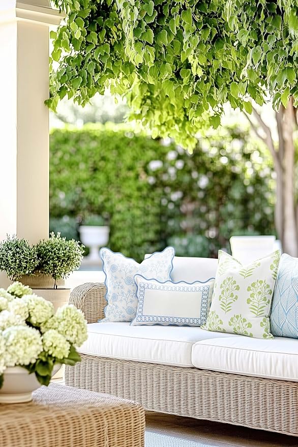 Hofdeco Premium Coastal Patio Indoor Outdoor Scalloped Throw Pillow Cover Only, 20"x20" Water Repellent for Backyard, Couch, Baby Blue Print Dahlia Floral
