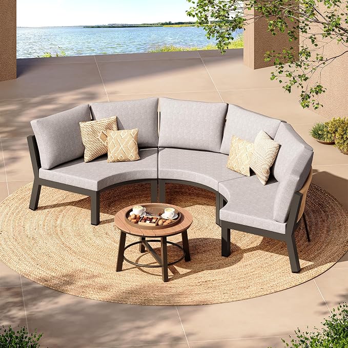 Outdoor Patio Furniture Set, 4 Piece Half Moon Aluminum Patio Conversation Sets Curved Sofa with PE Rope, All-Weather Sectional Furniture Set with Modular Coffee Table & Cushions, Gray