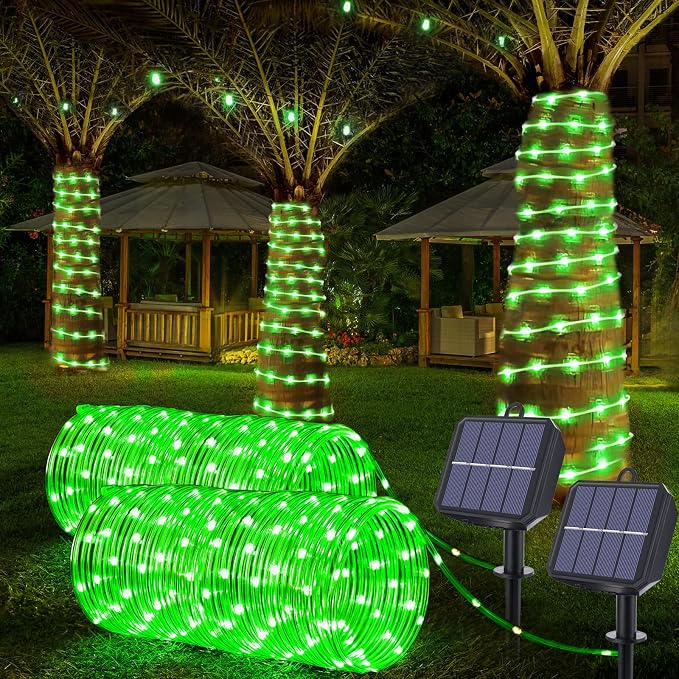 Solar Rope Lights, 2 Pack Total 66ft 200LED Solar String Lights, 8 Modes Waterproof Solar Outdoor Light, Flexible Clear Trampoline Light for Garden Yard Patio Deck Porch Pool Tree Decor - Green