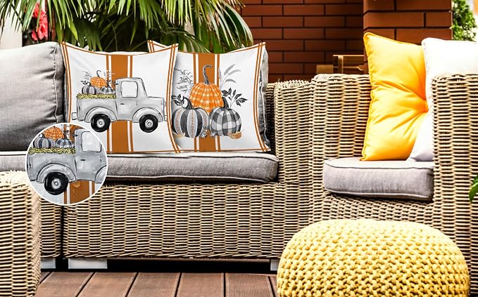 Orange Fall Outdoor Pillow Covers 18X18 Inch Set of 2 Waterproof Buffalo Plaid Pumpkins Truck Farmhouse Decorative Porch Cushion Cases Polyester Thanksgiving Decor for Patio Furniture
