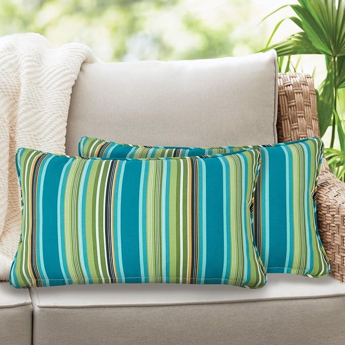 Lumbar Pillow with Insert, Set of 2, Outdoor Indoor Waterproof Decorative Patio Lumbar Pillow 12x20 Inch, Rectangular Cushion for Couch Sofa Garden Farmhouse Decoration-Green Stripe