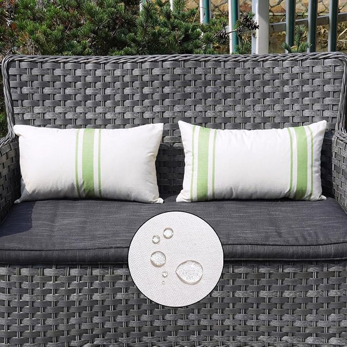 ONWAY Outdoor Pillow Covers Waterproof 12x20 Set of 2 Decorative Linen Throw Pillow Cover Beige and Green Striped Outdoor Pillows for Patio Furniture