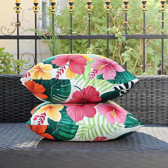 Outdoor Pillow Covers 20x20 Inch Set of 2, Tropical Floral Plants Boho Throw Pillows Cases Waterproof Square Garden Cushion Sham for Patio Funiture Tent Balcony Bench Sofa Couch, Yellow Green