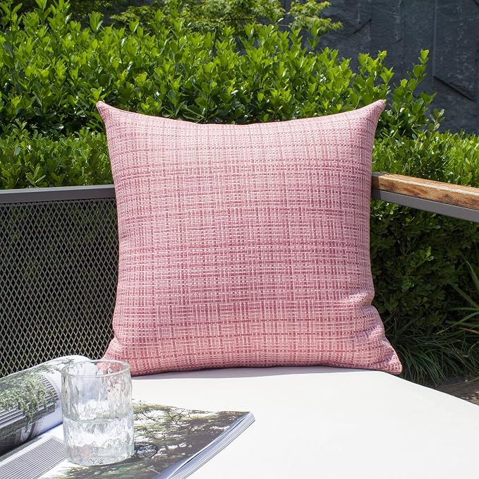 Kevin Textile Outdoor Waterproof 16x16 Inch Pillow Covers 2 Pack, Pink | Water Resistant, Faux Linen Yarn-dyed, Woven Texture Throw Pillow Covers for Tent Patio Garden Couch Sofa