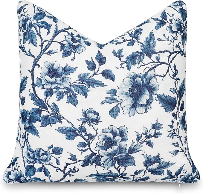 California Casual Coastal Indoor Outdoor Throw Pillow Cover, 20"x20" Water Repellent for Patio, Backyard, Couch, Poolside, Dark Navy Print Vintage Chinoiserie Floral