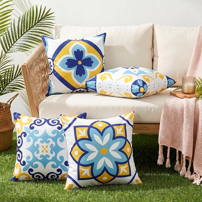 Outdoor Waterproof Throw Pillow Covers 18x18 Set of 4, Blue Yellow Morden Geometric Pattern Decorative Pillow Cover, Boho Farmhouse Cushion Cases for Summer Patio Funiture Garden Bench Couch