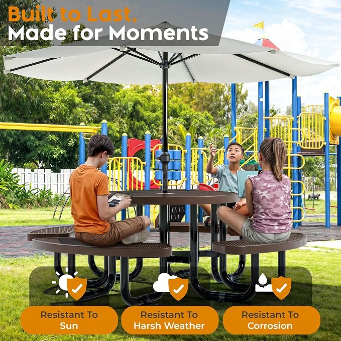 Round Metal Picnic Tables for Kids for Outdoors with Umbrella Hole, Adjustable Seats for School, Park, Playground (Brown, 38 in, Kids, Expanded Steel)
