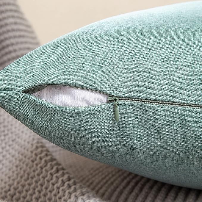 Outdoor Waterproof Throw Pillow Covers Teal 20x20 Set of 2 | Decorative Farmhouse Linen Pillowcases Solid Cushion Cases for Patio Tent Balcony Couch Sofa Living Room