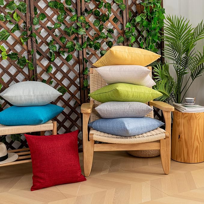 Kevin Textile Outdoor Waterproof 26”x26” Pillow Covers 2 Pack, Red | Water Resistant, Soft Faux Linen-cotton Yarn-dyed Woven Texture Throw Pillow Covers for Tent Patio Garden Couch Sofa