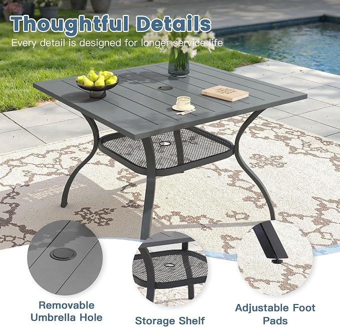DIFY 5 Piece Outdoor Dining Set, 38" Square Metal Patio Table and Textilene Stackable Chairs for 4, All Weather Patio Furniture Set with Umbrella Hole for Backyard Garden Deck, Grey