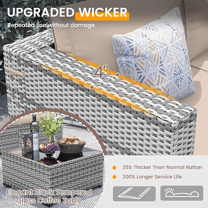 UDPATIO Patio Furniture Set, 7 Pieces PE Wicker Sectional Sofa with Tea Table, Outdoor Conversation Set for Patio, Garden, Backyard (Beige Cushions with Grey Rattan)