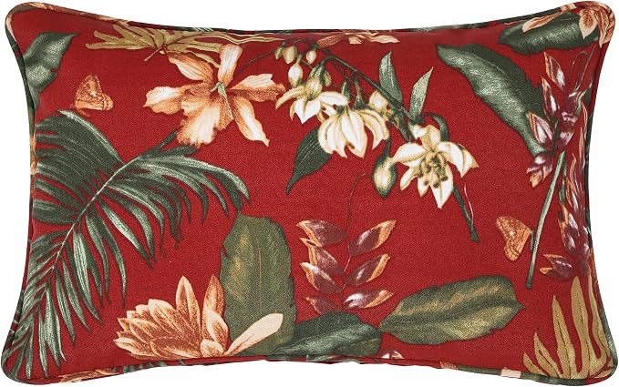 13 x 20 Inch Outdoor Lumbar Pillow with Insert Set of 2, Decorative Piping Edge Waterproof Fade Resistant Fluffy Throw Pillows for Patio Furniture Chair Bench Couch - Rust Red Floral