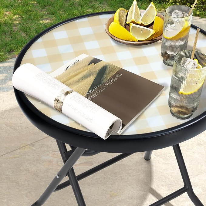 Foldable Patio Side Tables, 17.7" Small End Table Outdoor Weatherproof, Round Glass Top Outside Folding Table for Poolside, Balcony, Yard, Porch（Yellow）