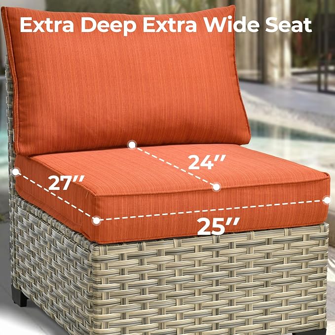 HOOOWOOO Sectional Patio Furniture Set with Solar Light Table,6 Pieces Wicker Outdoor Furniture L Shaped Couch,Outside Conversation Set with Extra Deep Seat Sofa Wide Arm,Brick Red