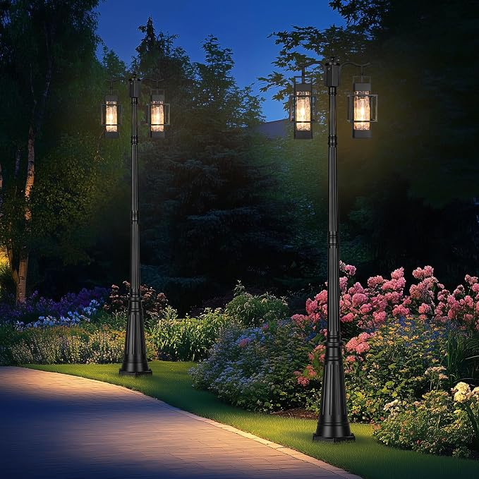 Dusk to Dawn Outdoor Lamp Post Light 2-Head, Hardwired Street Light Post for Outside Metal Pole Light Outdoor Lighting with Water Glass Shade for Garden Patio Backyard Walkway Driveway