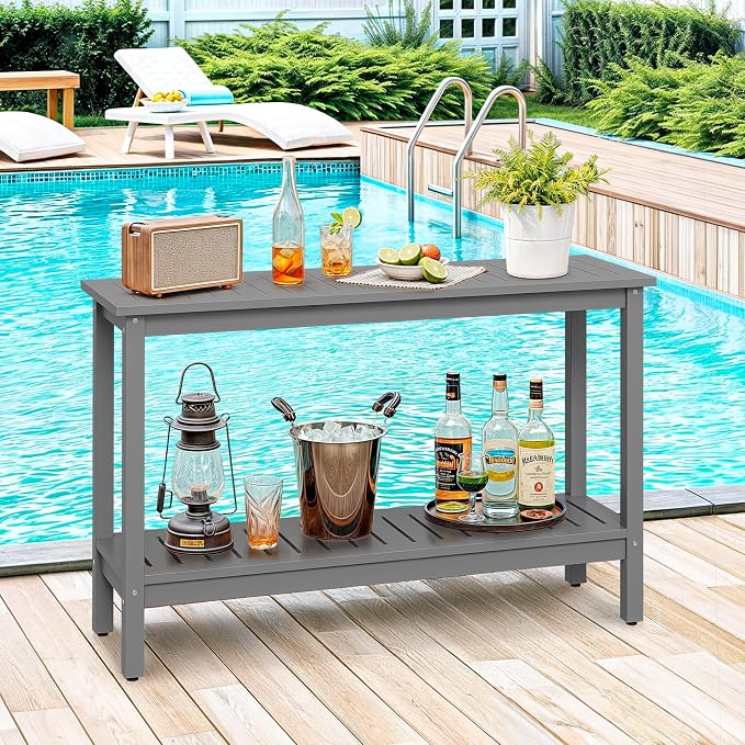 Wooden Console Table, 48in 2-Shelf Solid Wood Patio Side Table, Indoor Outdoor Buffet Bar Organizer with Foot Sliders (Grey)