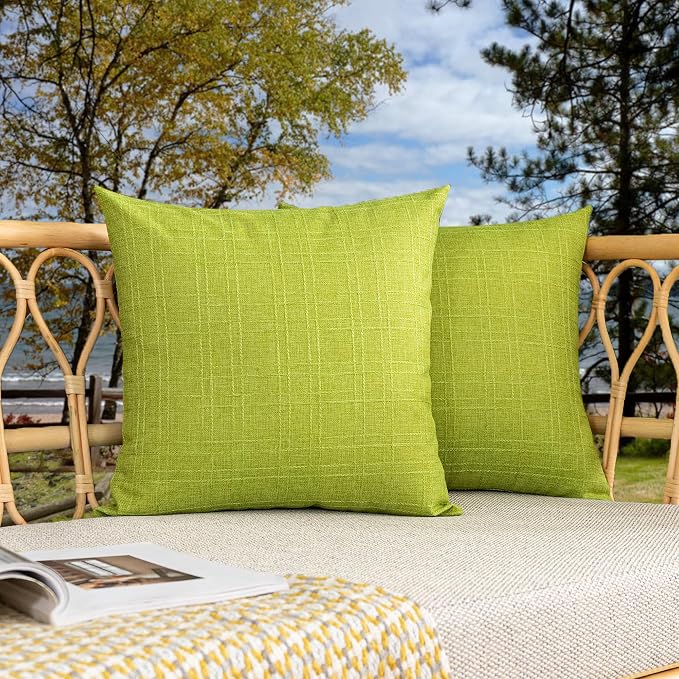 Kevin Textile Outdoor Waterproof 16”x16” Pillow Covers 2 Pack, Green | Water Resistant, Soft Faux Linen-cotton Yarn-dyed Woven Texture Throw Pillow Covers for Tent Patio Garden Couch Sofa
