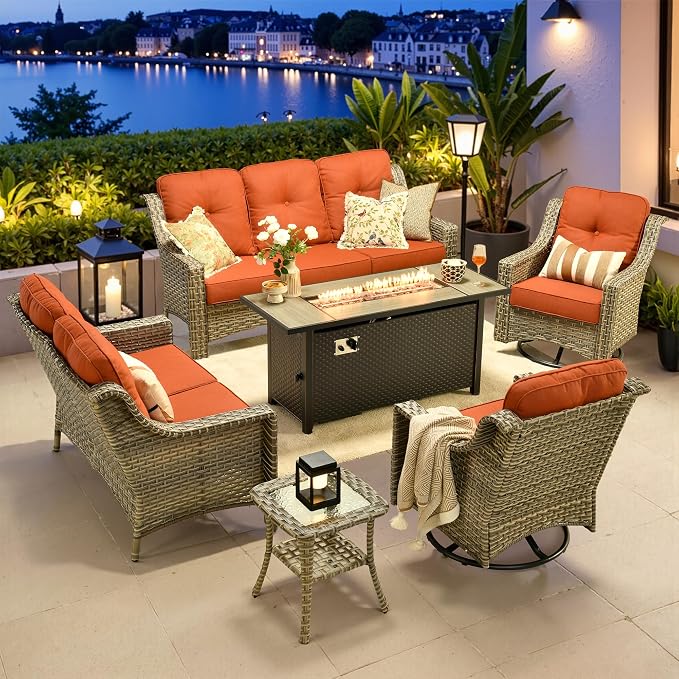 6 PCS Outdoor Patio Furniture Sets,Patio Conversation Sets Outside Rattan Soft Cushion Sofa with 2 Wicker Rocking Chairs & 54 in Fire Pit Table Fit Backyard Porch Garden Poolside Balcony,Orange Red