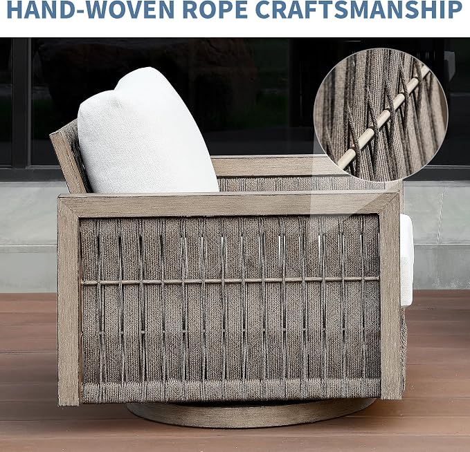 3 Pieces Patio Furniture Set, Outdoor Patio Sofa Set with 2 Swivel Chair & Side Table, All-Weather Aluminum Garden Outdoor Contemporary Sofa Chair with Cushion for Porch Yard Deck, Gray Oak