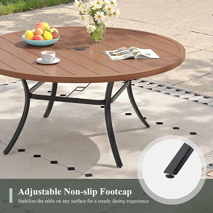 Outdoor Dining Table for 6, 50" Round Outdoor Table with Adjustable Umbrella Hole, All-Weather Metal Patio Dining Table for Lawn Garden Backyard Deck, Walnut