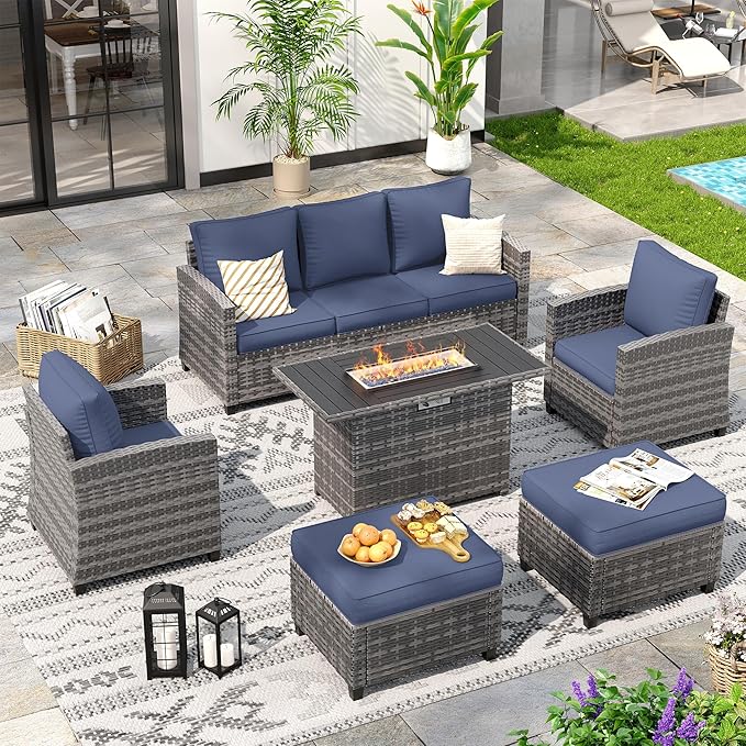 6 Pcs Patio Furniture Set with 44" Propane Gas Fire Pit Table, Rattan Outdoor Couch with Ottomans, 4" Thick Cushions for Backyard Garden Deck,Navy Blue