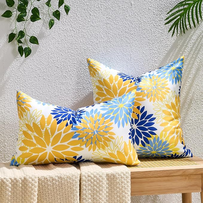 Set of 2 Yellow and Blue Dahlia Throw Pillow Covers 12x20 Inch Outdoor Pillows Waterproof Cushion Covers Decorative Spring Summer Pillowcases for Sofa Bedroom Patio Garden Farmhouse Decor