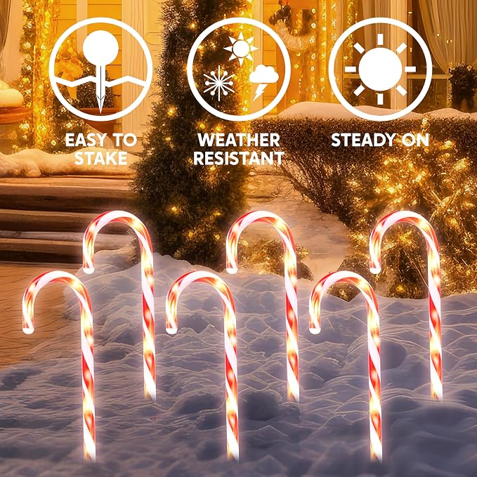 Joiedomi 12 Pcs Christmas Candy Cane Pathway Markers Lights, 12” Stakes Lights with Warm White, Waterproof Outdoor Decorations for Holiday Xmas Indoor,Yard,Patio,Garden,Walkway