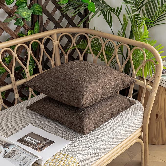 Kevin Textile Outdoor Waterproof 20”x20” Pillow Covers 2 Pack, Brown | Water Resistant, Soft Faux Linen-cotton Yarn-dyed Woven Texture Throw Pillow Covers for Tent Patio Garden Couch Sofa