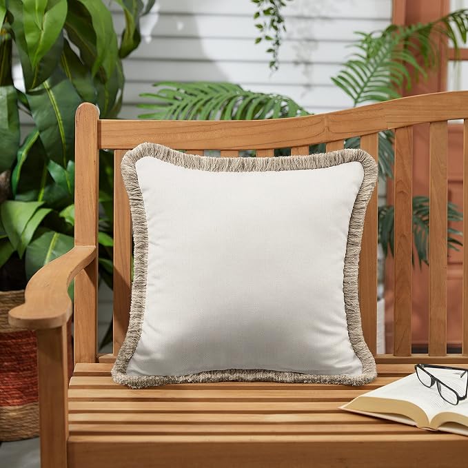 Sorra Home x Sunbrella Fringe Pillow, 18 x 18 x 6 inches, Canvas Natural and Taupe